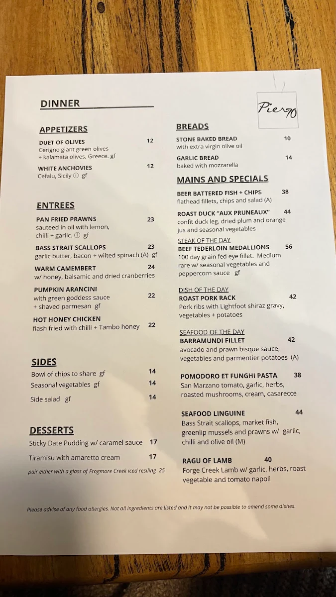 Menu, Pier 70 Bar & Restaurant