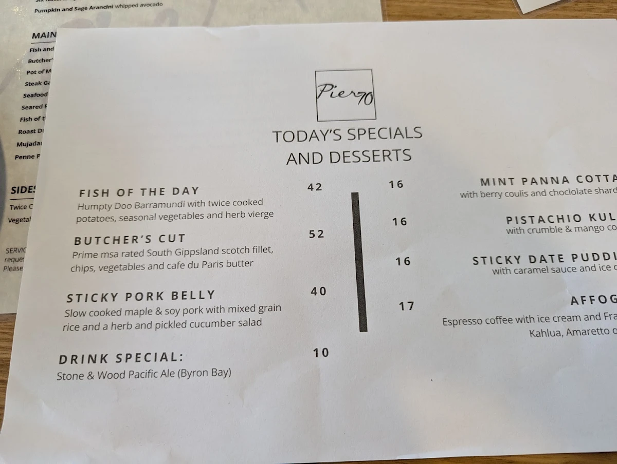 Menu, Pier 70 Bar & Restaurant