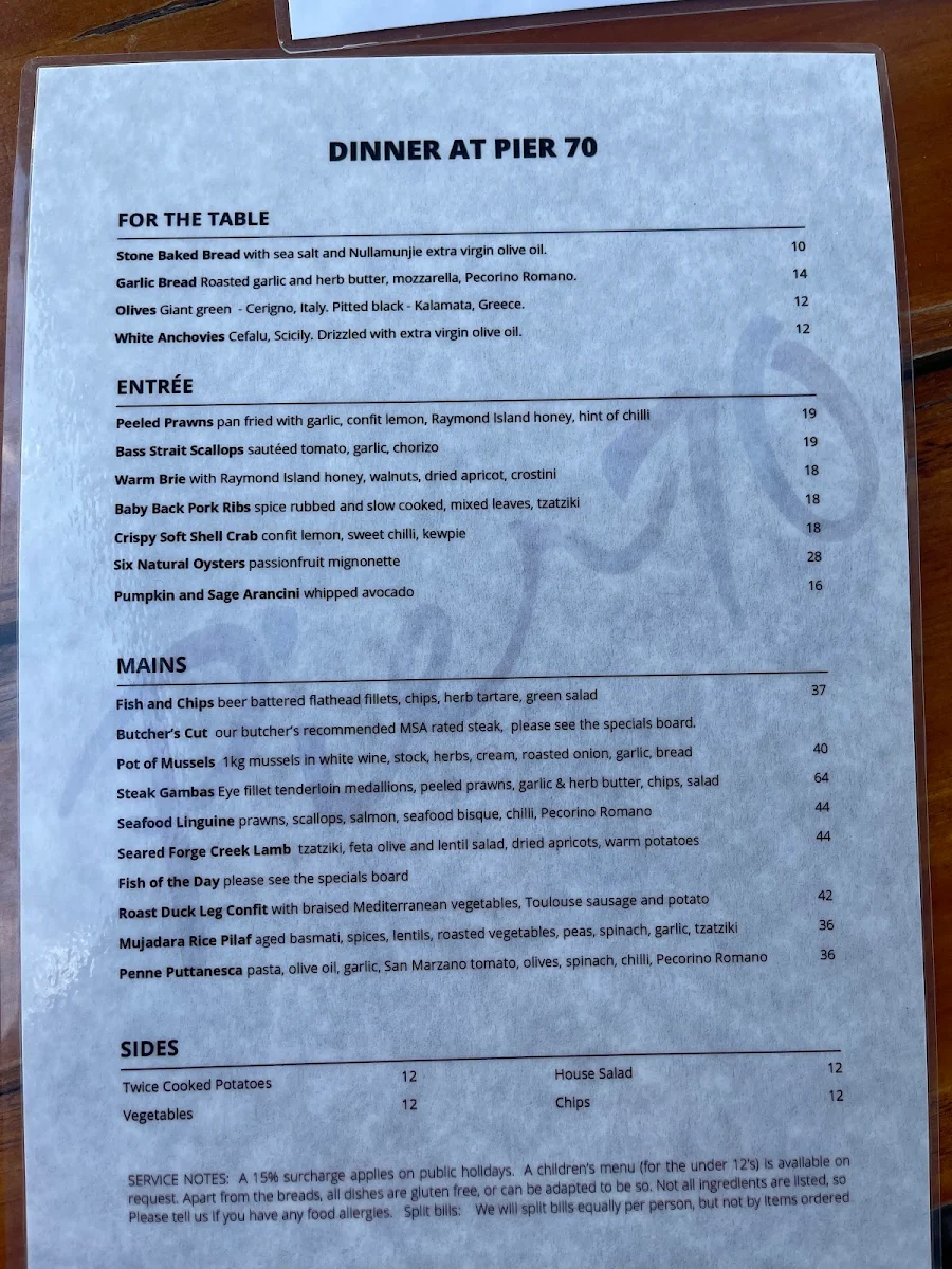 Menu, Pier 70 Bar & Restaurant