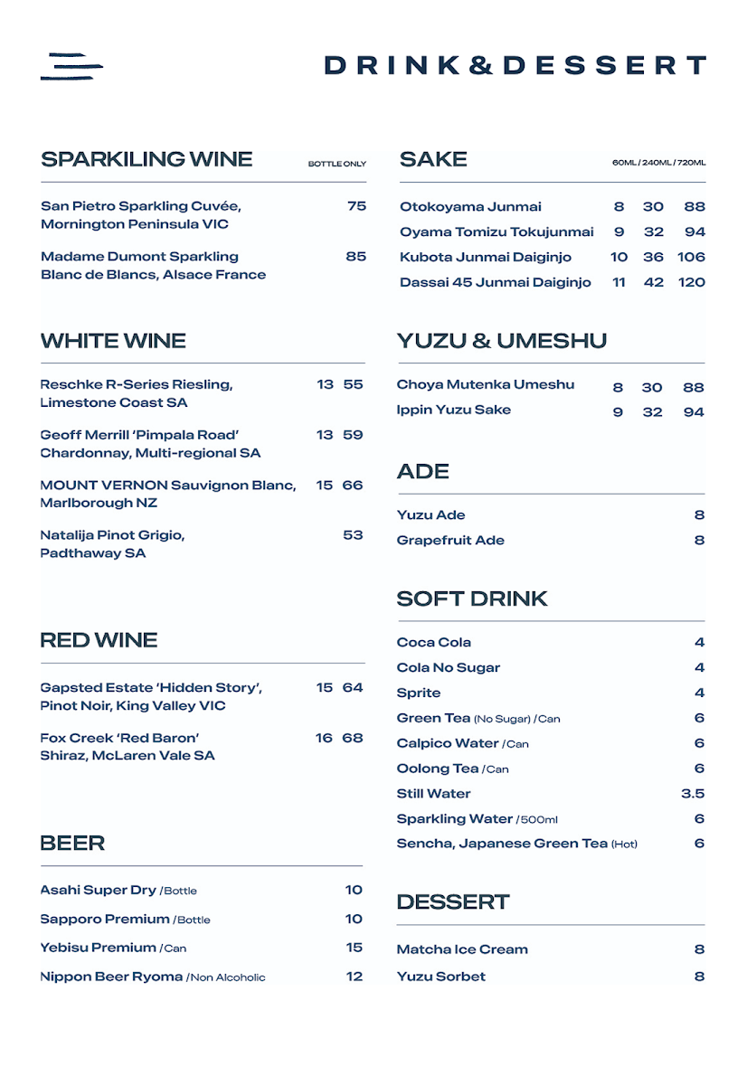 Menu, SUSHI ON Little Bourke