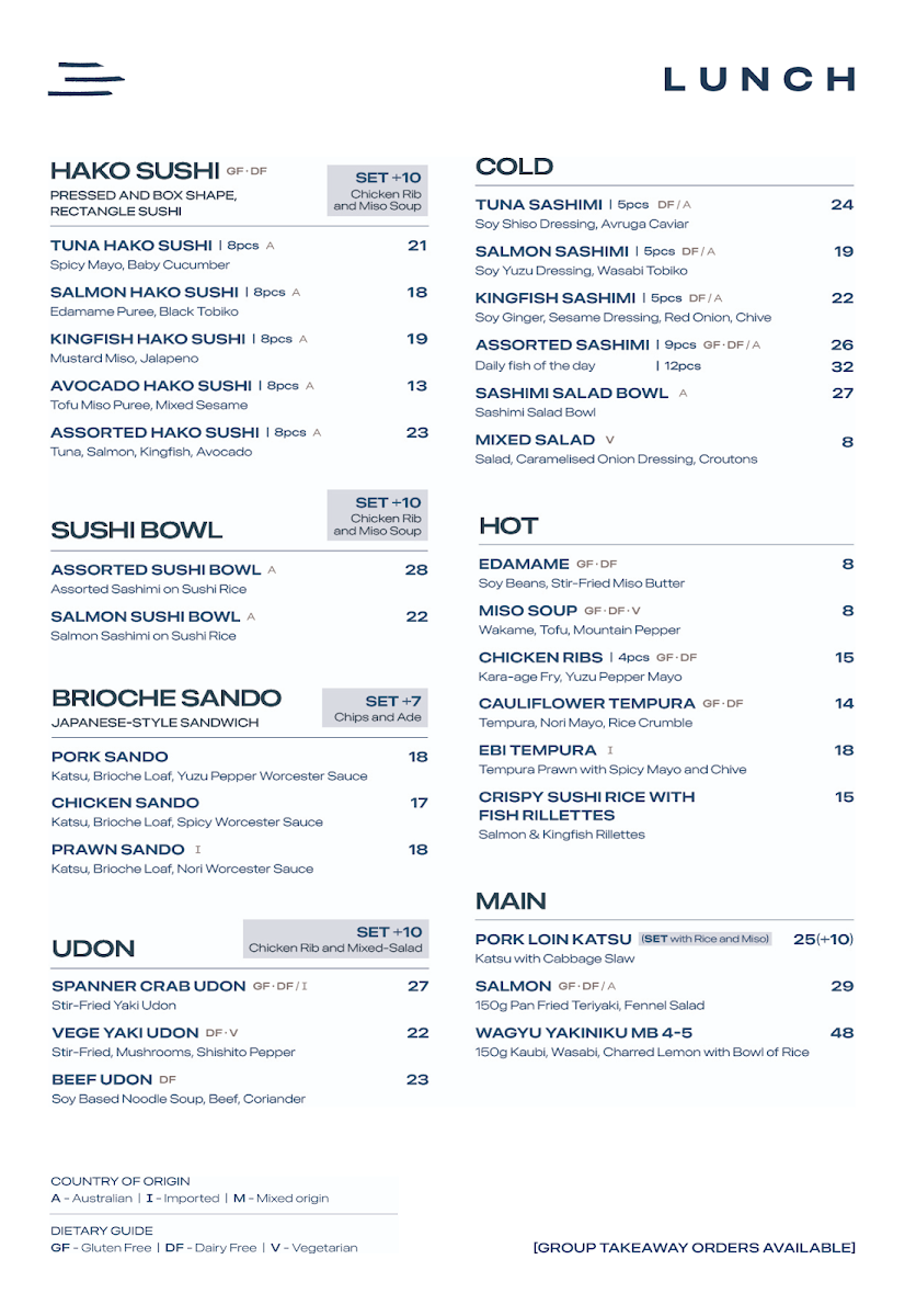 Menu, SUSHI ON Little Bourke