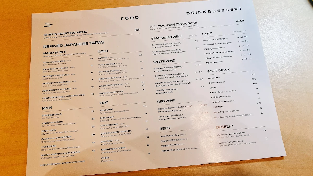 Menu, SUSHI ON Little Bourke