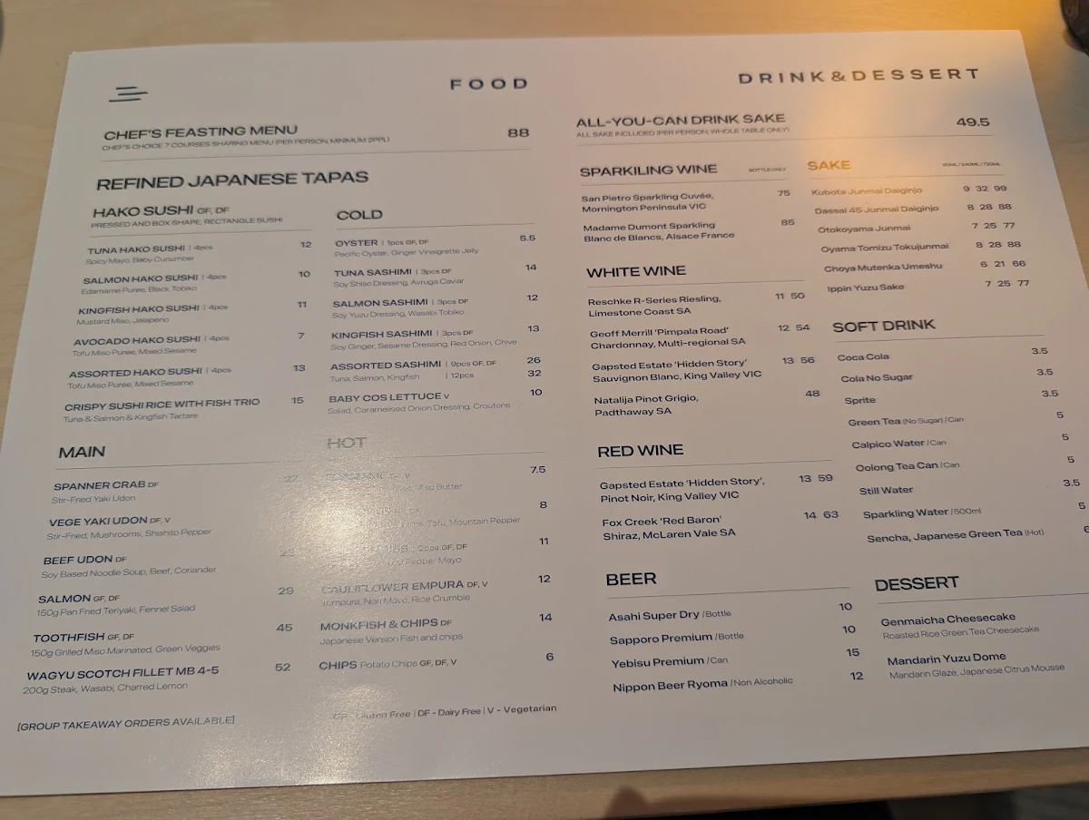 Menu, SUSHI ON Little Bourke