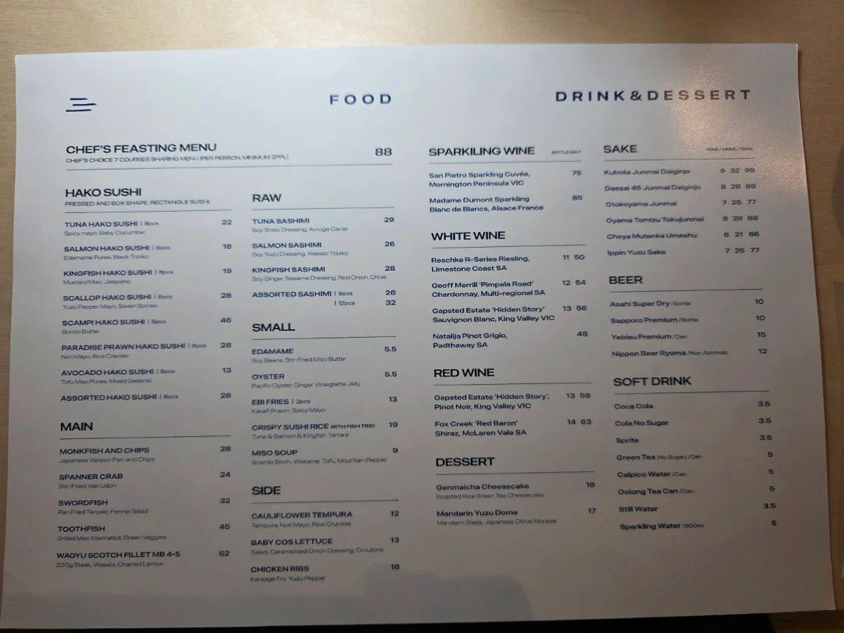 Menu, SUSHI ON Little Bourke