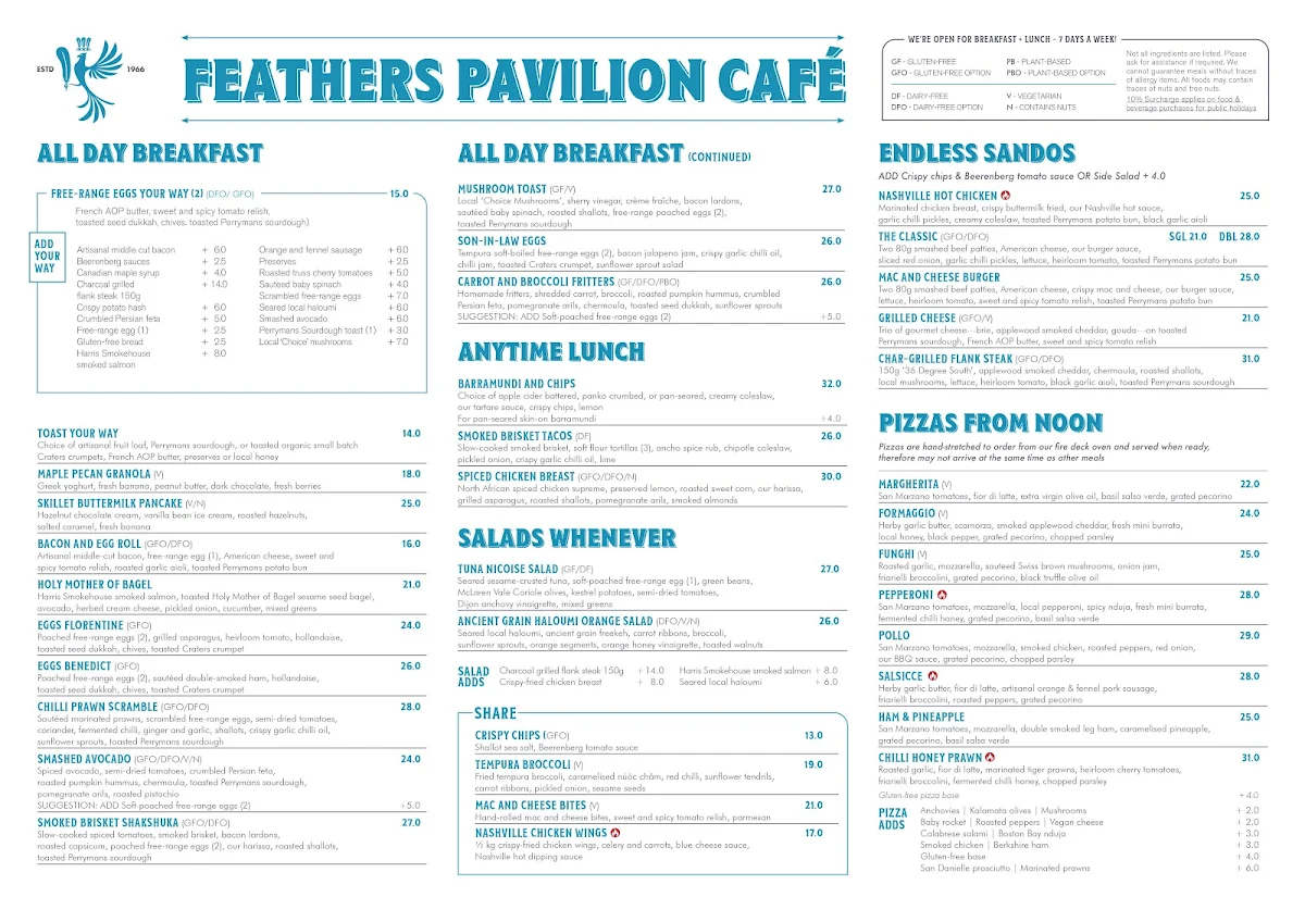 Menu, Feathers Pavilion Cafe