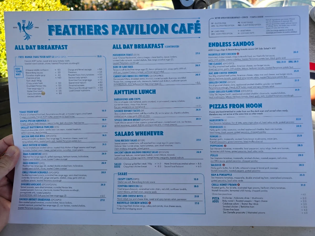 Menu, Feathers Pavilion Cafe