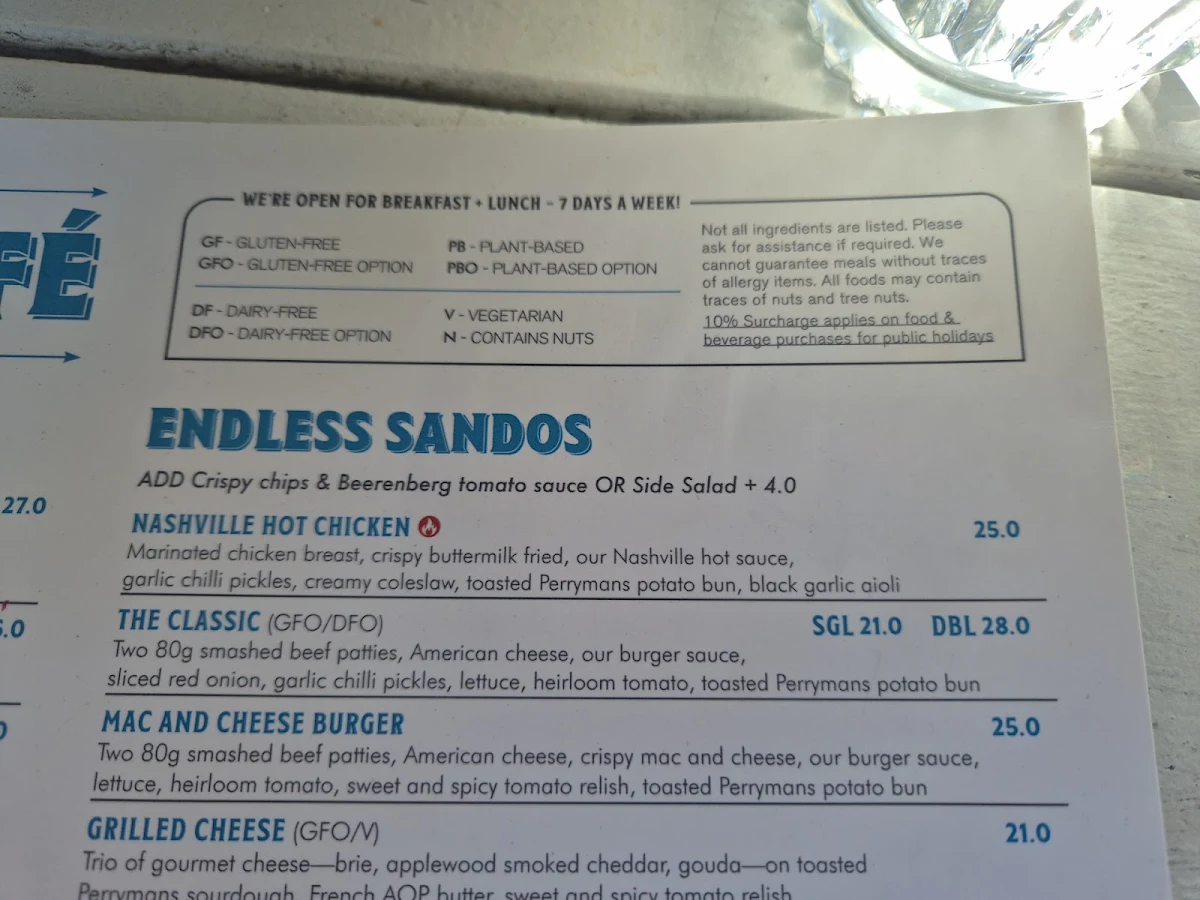 Menu, Feathers Pavilion Cafe