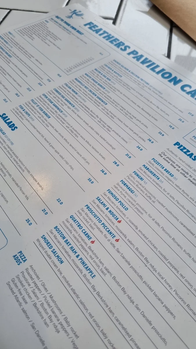 Menu, Feathers Pavilion Cafe