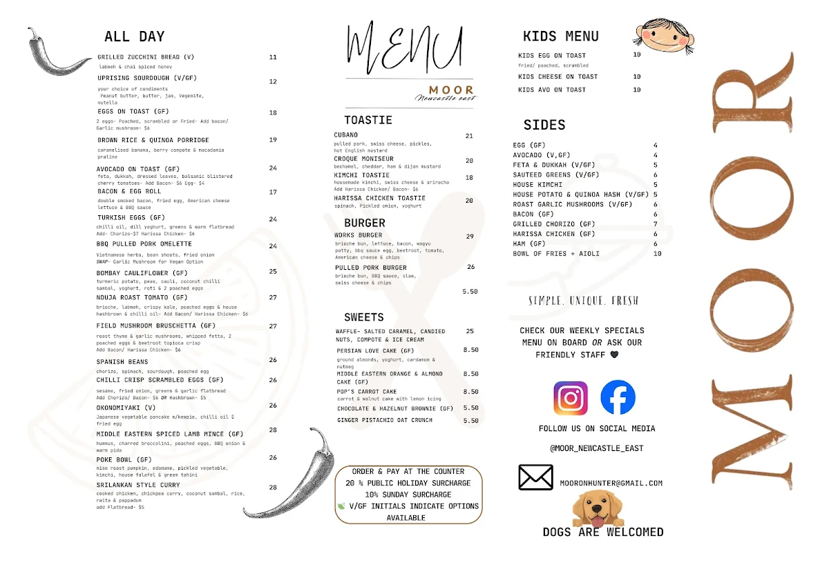 Menu, Moor Newcastle East