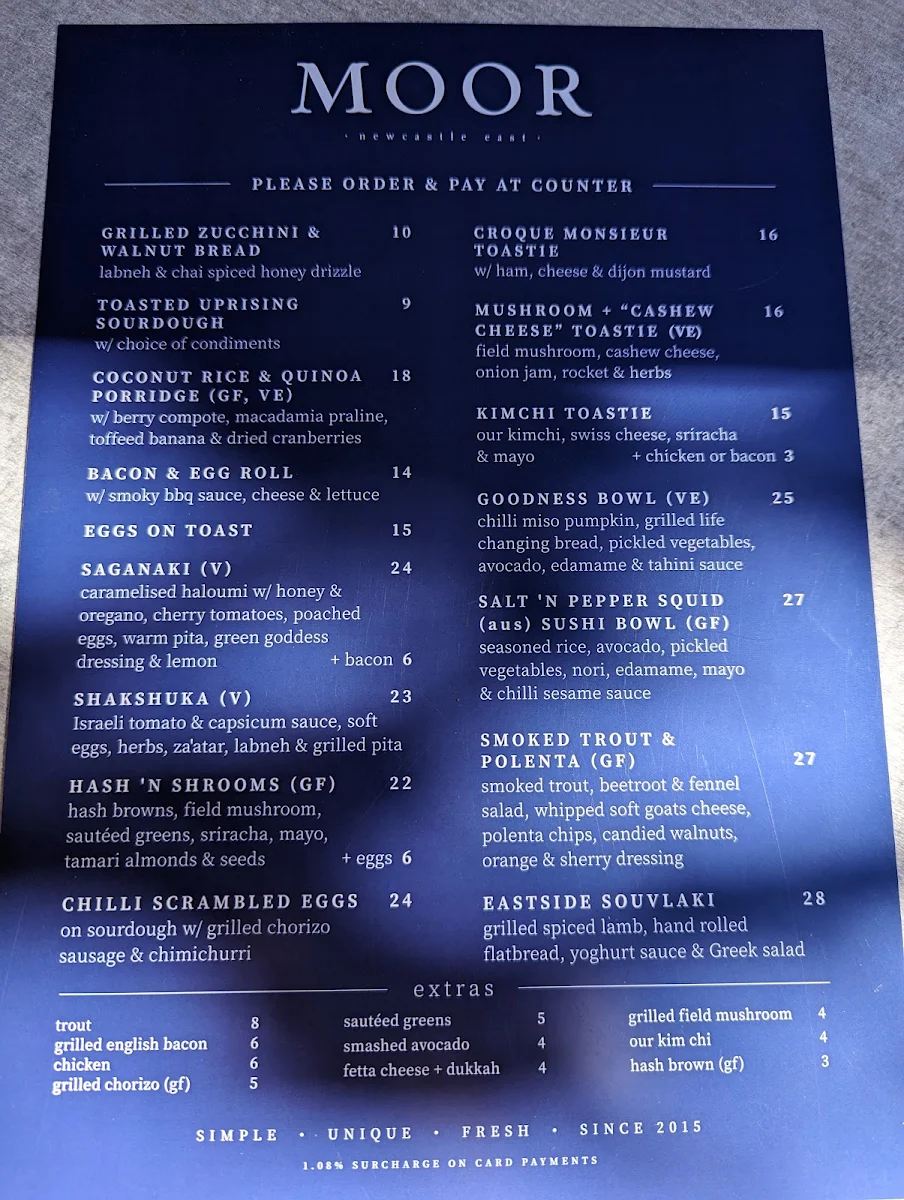 Menu, Moor Newcastle East