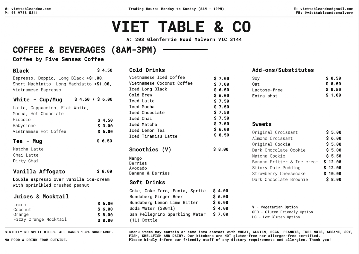 Menu, Viet Table 2 (Malvern)