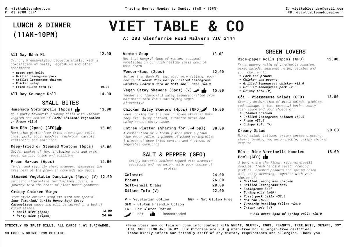 Menu, Viet Table 2 (Malvern)