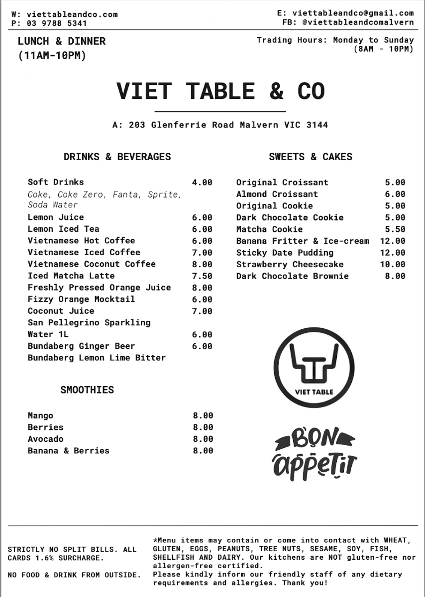 Menu, Viet Table 2 (Malvern)