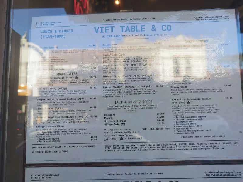 Menu, Viet Table 2 (Malvern)