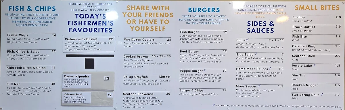 Menu, San Remo Fishermans Co-Op