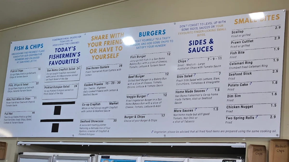 Menu, San Remo Fishermans Co-Op