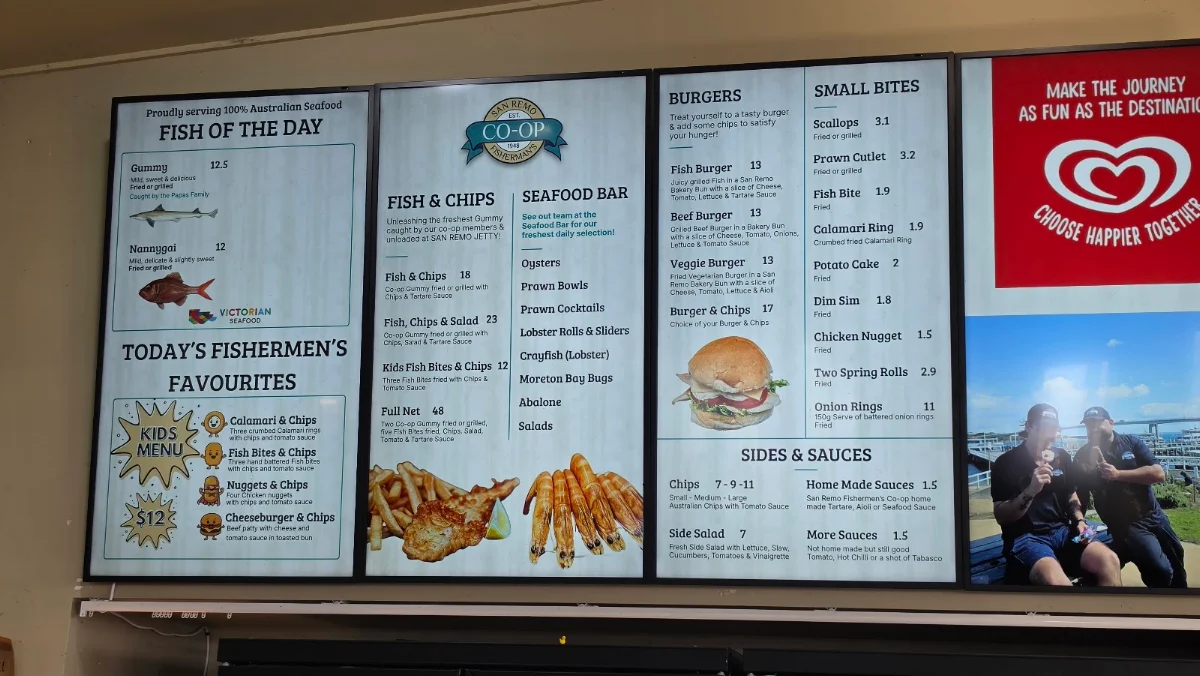 Menu, San Remo Fishermans Co-Op