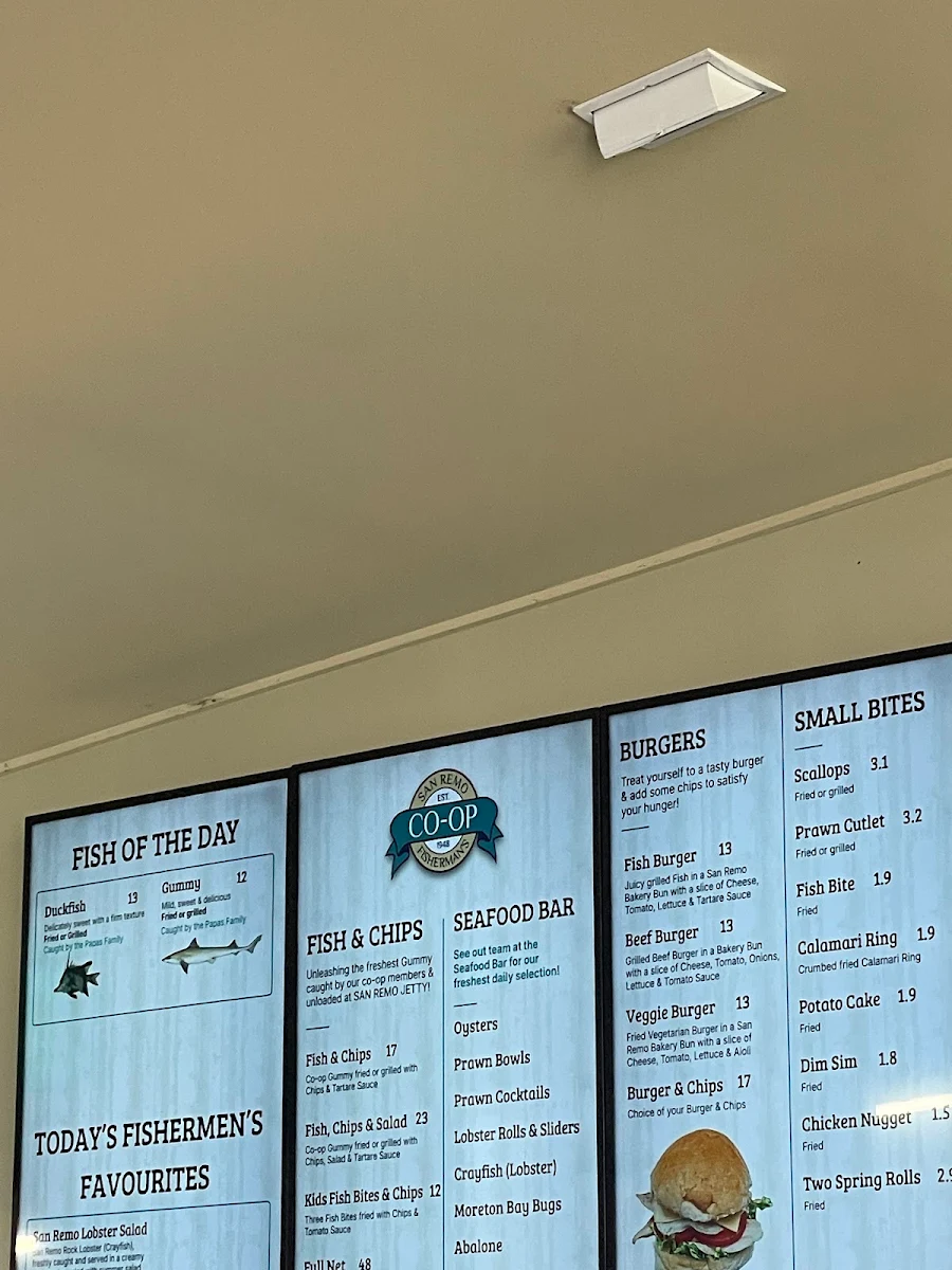 Menu, San Remo Fishermans Co-Op