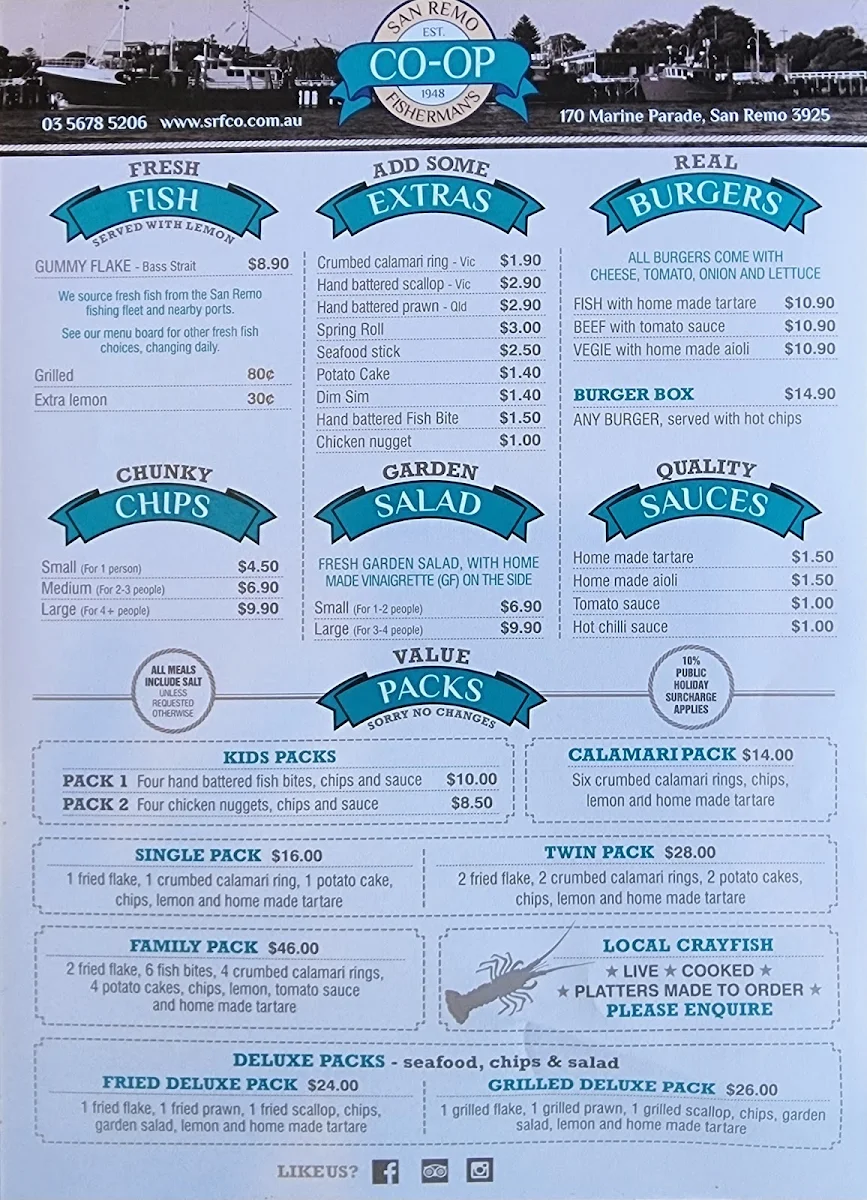 Menu, San Remo Fishermans Co-Op