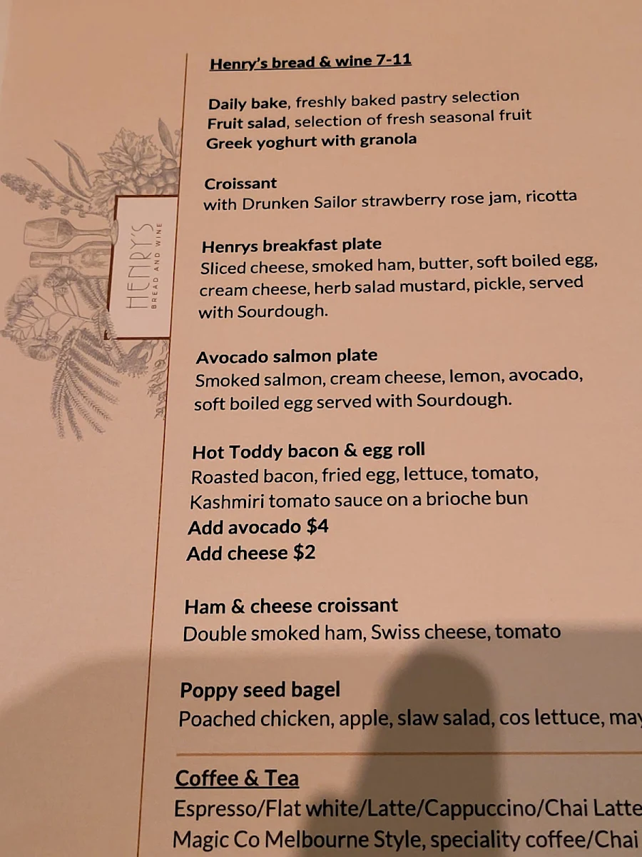 Menu, Henry's Bread & Wine