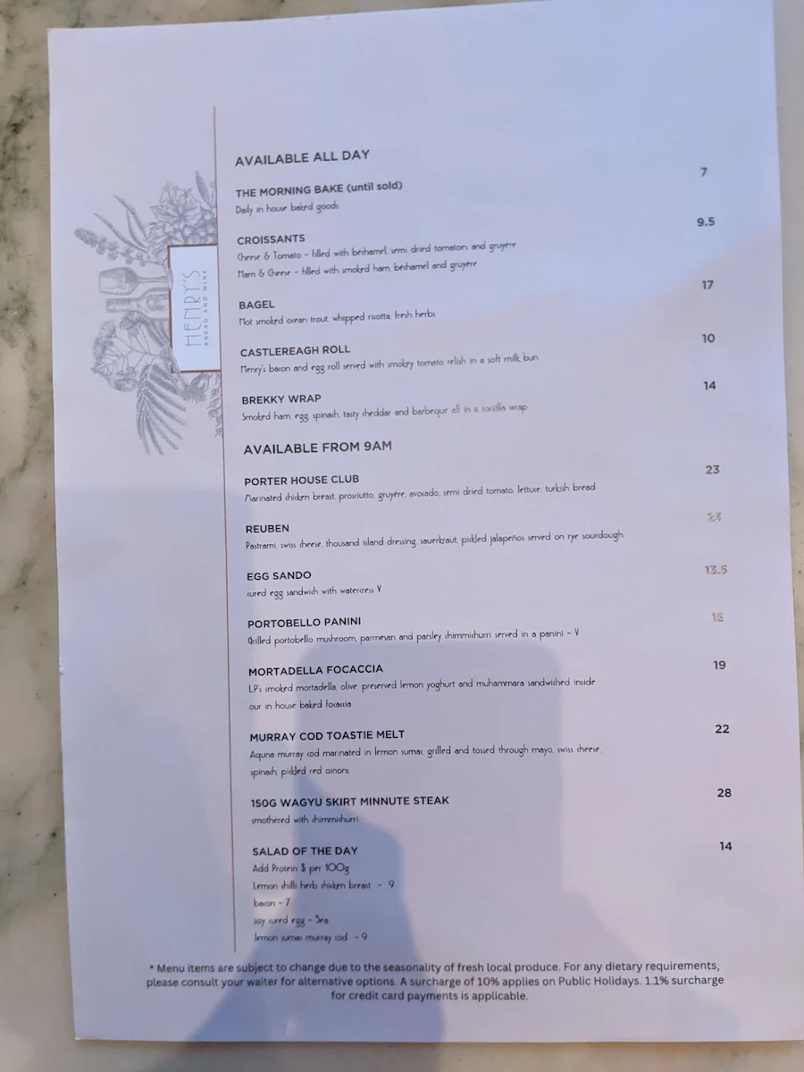 Menu, Henry's Bread & Wine