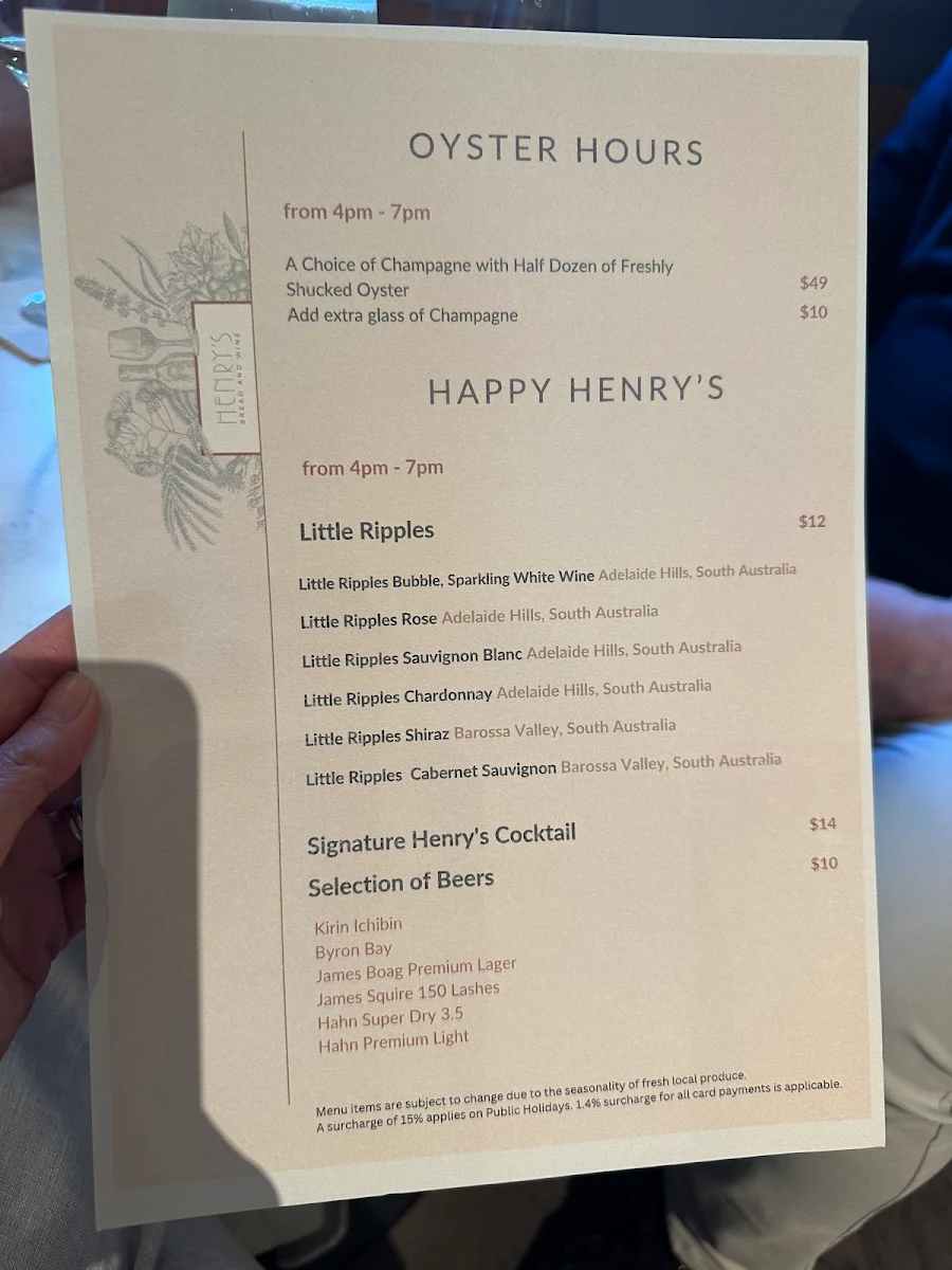 Menu, Henry's Bread & Wine