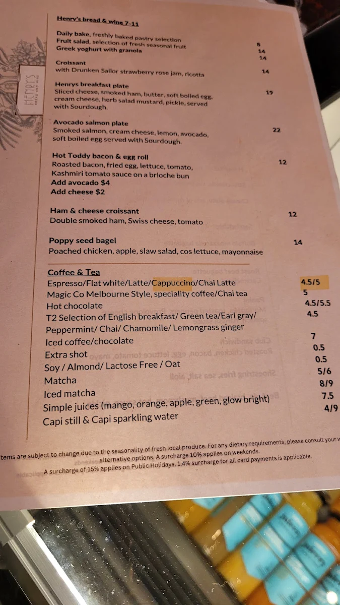 Menu, Henry's Bread & Wine