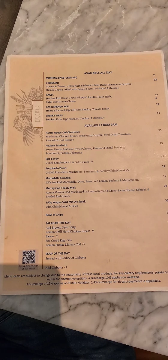 Menu, Henry's Bread & Wine