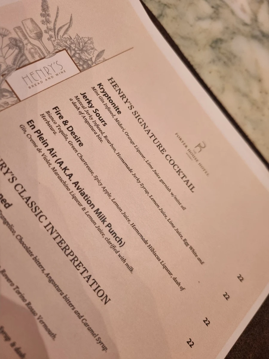 Menu, Henry's Bread & Wine