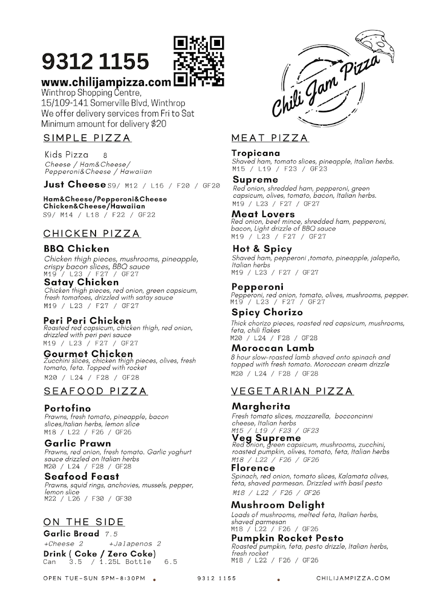 Menu, Chili Jam Pizza