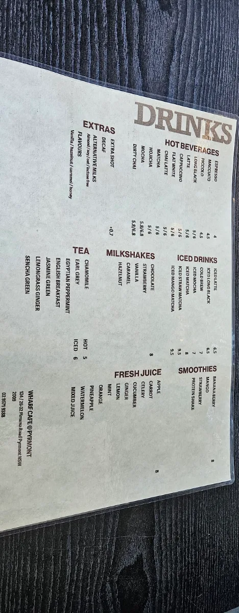Menu, Wharf Cafe @Pyrmont