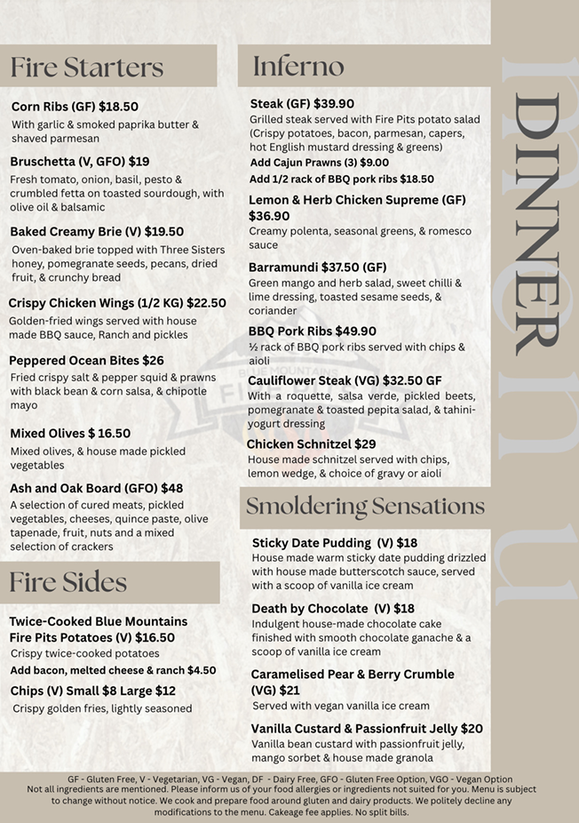 Menu, Blue Mountains Fire Pits Cafe