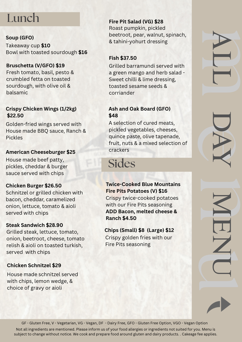 Menu, Blue Mountains Fire Pits Cafe