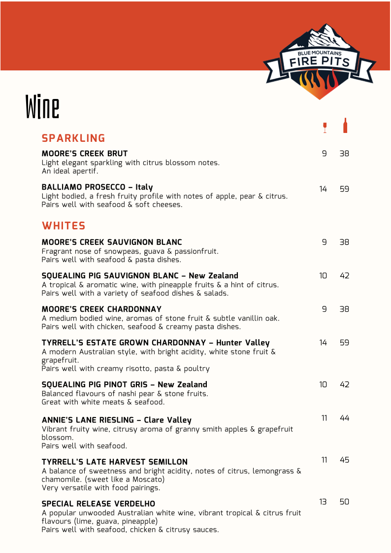 Menu, Blue Mountains Fire Pits Cafe
