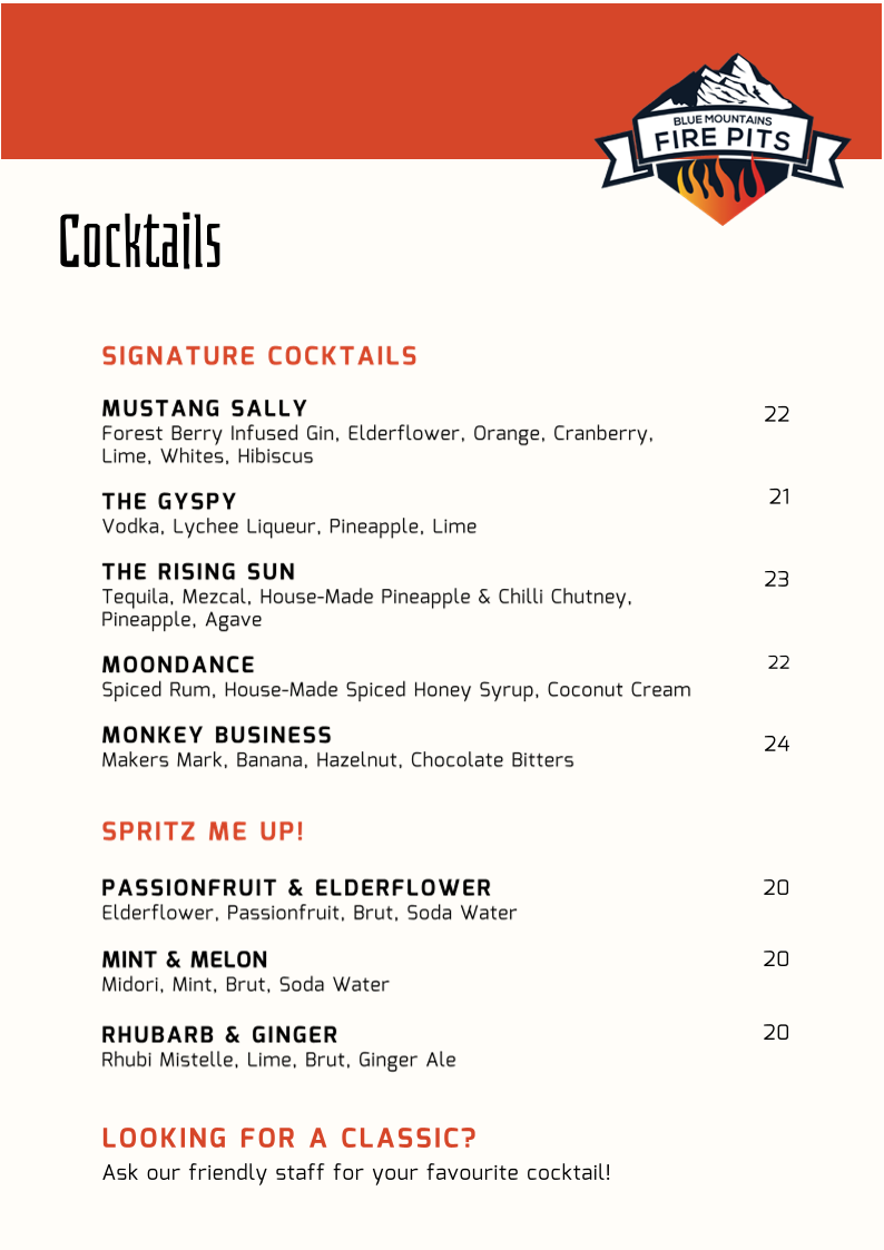 Menu, Blue Mountains Fire Pits Cafe