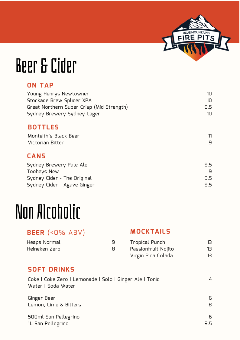Menu, Blue Mountains Fire Pits Cafe