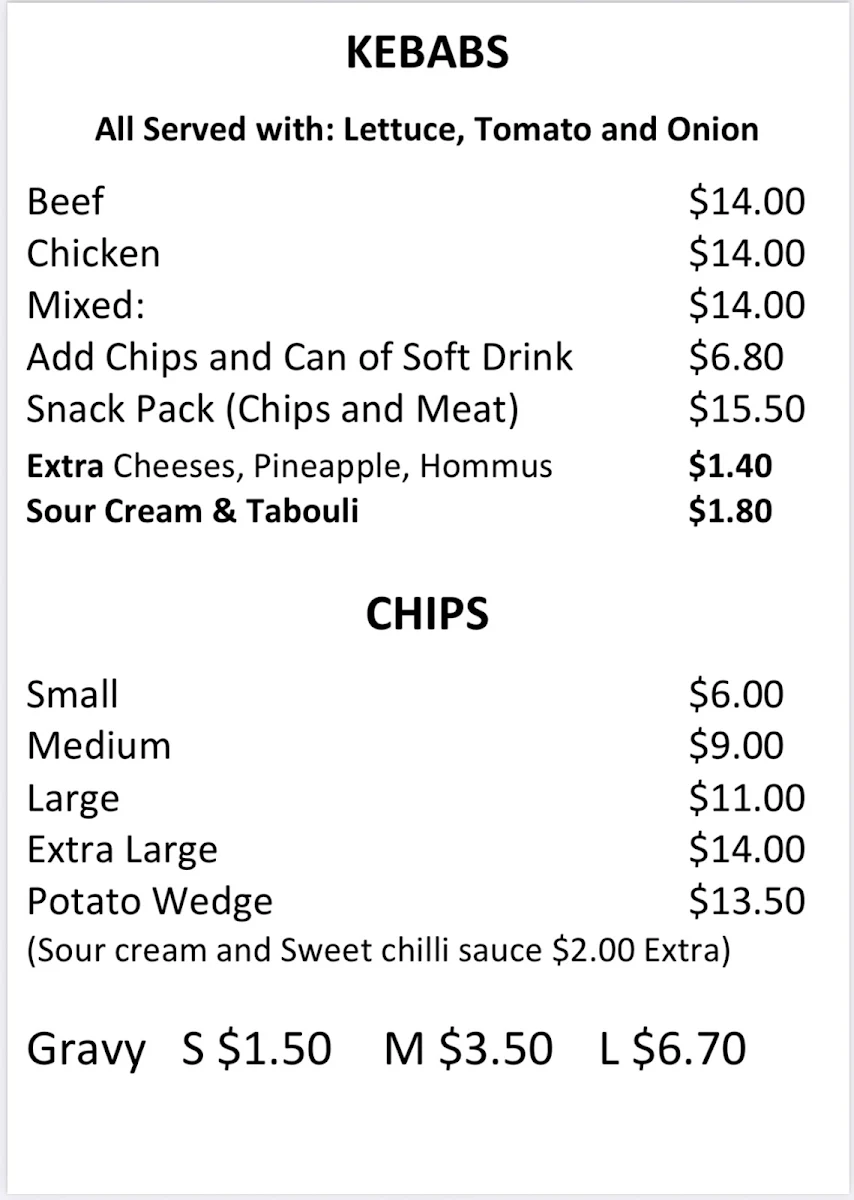 Menu, Gillieston Heights Take Away and Bottle shop