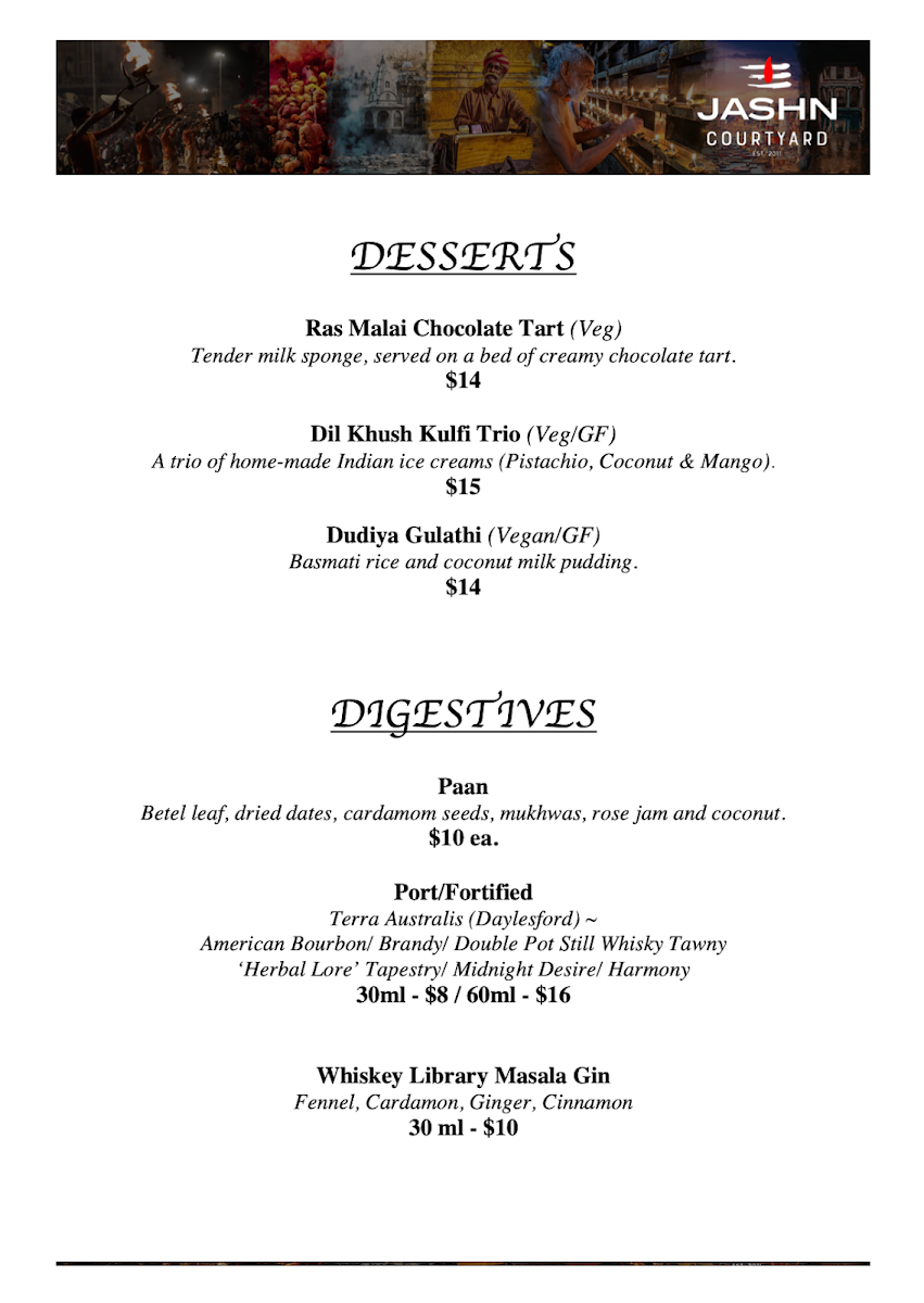Menu, Jashn Courtyard / Whiskey Library