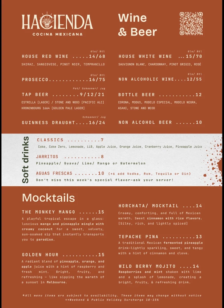 Menu, Hacienda Melbourne