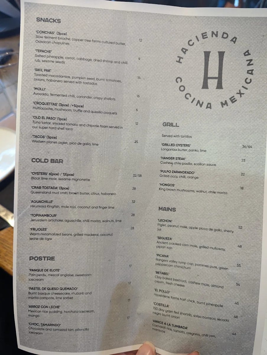 Menu, Hacienda Melbourne
