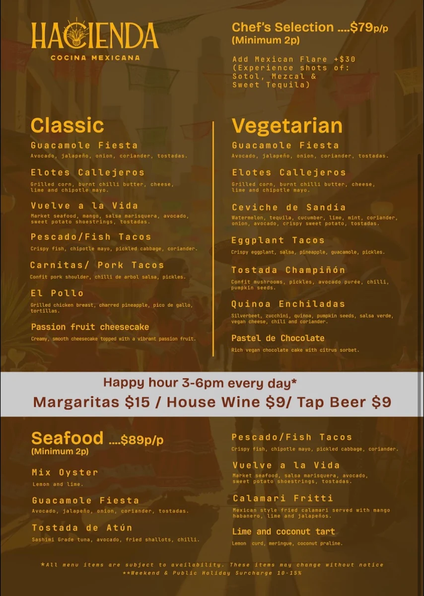 Menu, Hacienda Melbourne