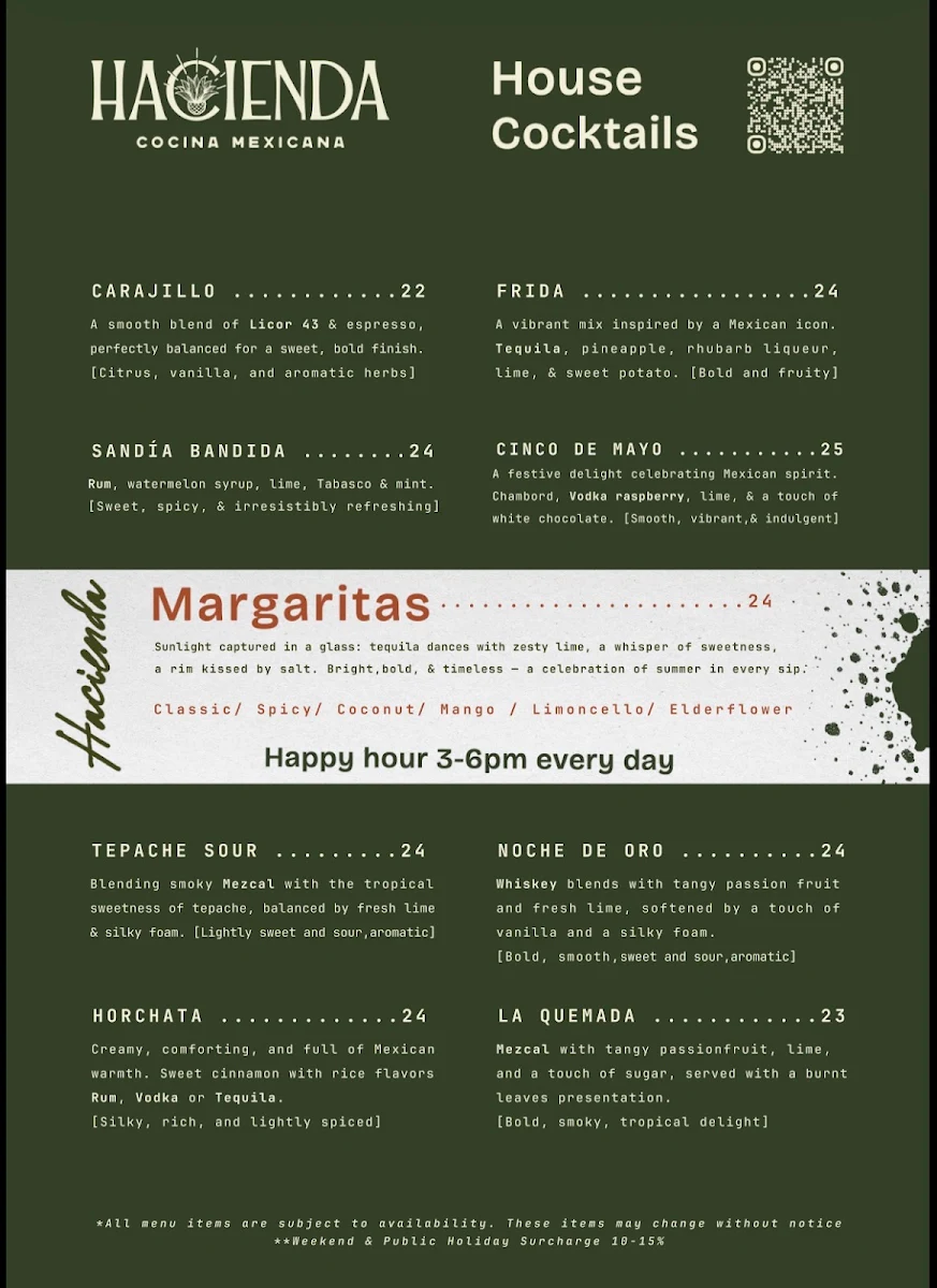 Menu, Hacienda Melbourne