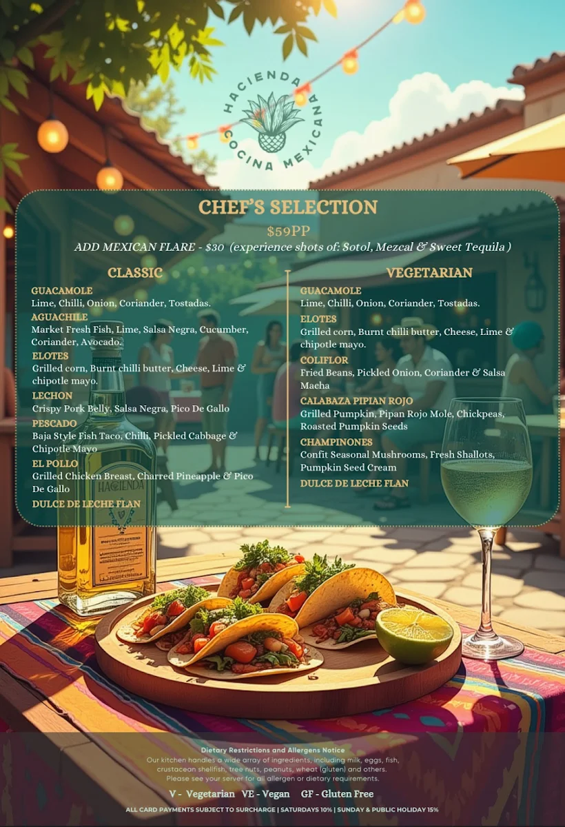 Menu, Hacienda Melbourne