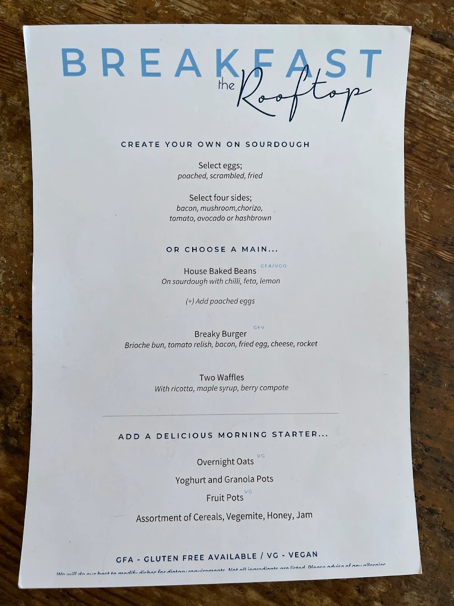 Menu, The Rooftop Bar & Grill