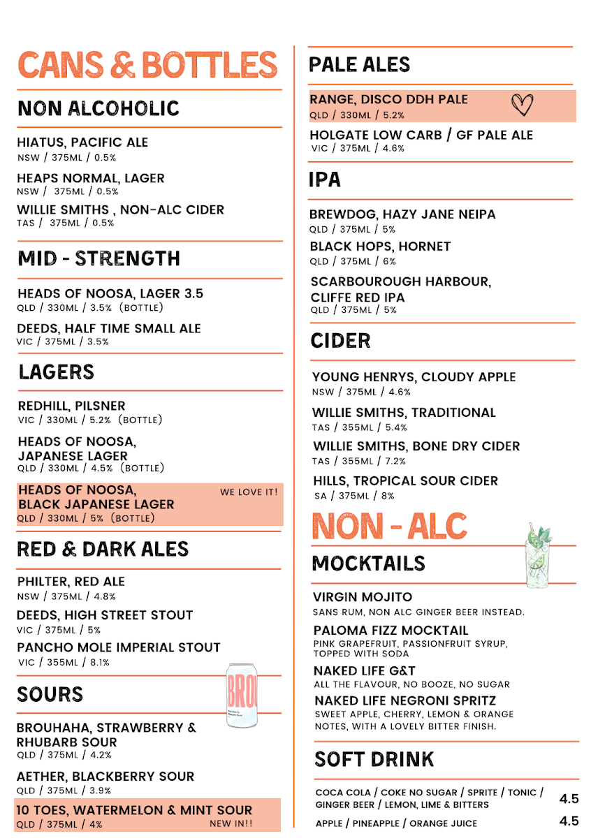 Menu, The Woods Bar