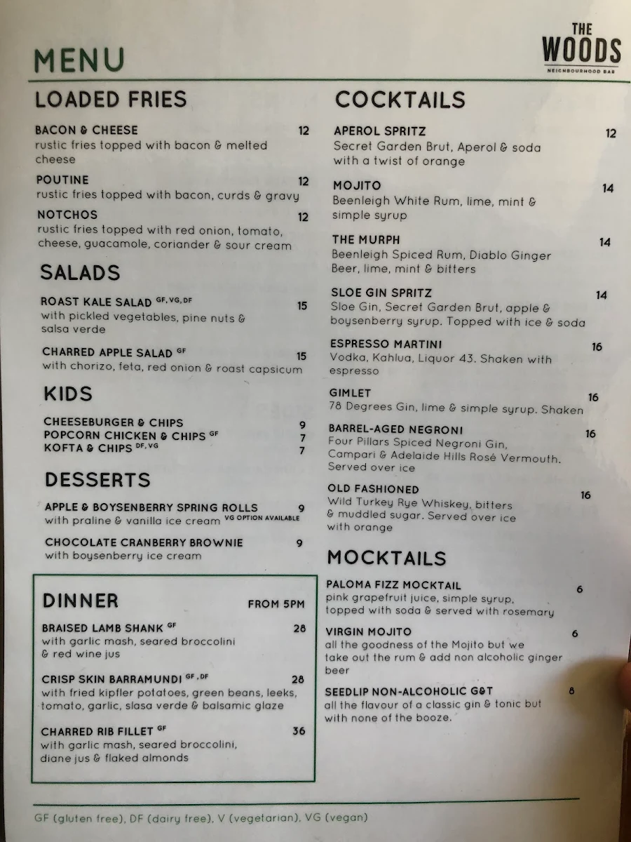 Menu, The Woods Bar