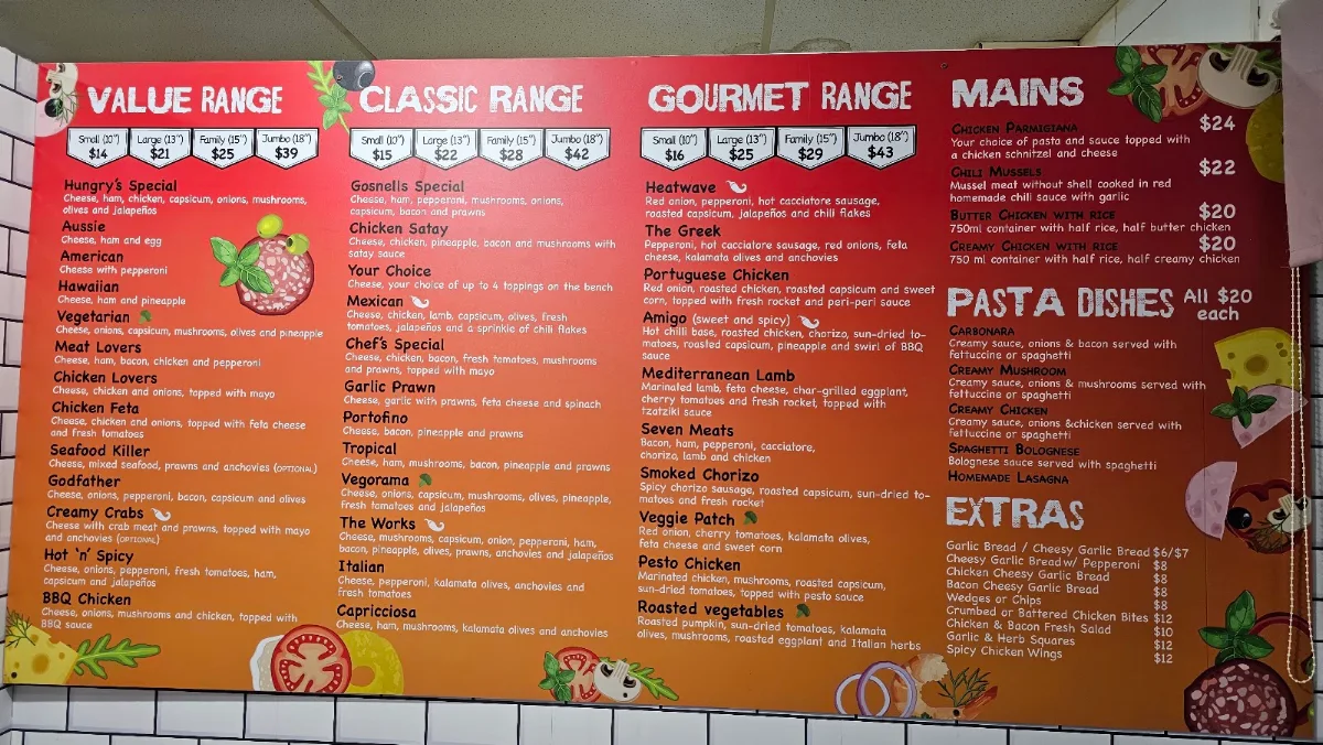 Menu, Hungry Oz Pizza