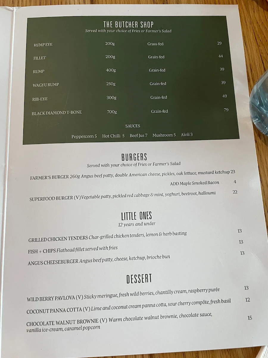 Menu, Butcher and the Farmer Tramsheds