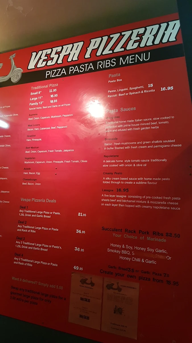 Menu, Vespa Pizzeria