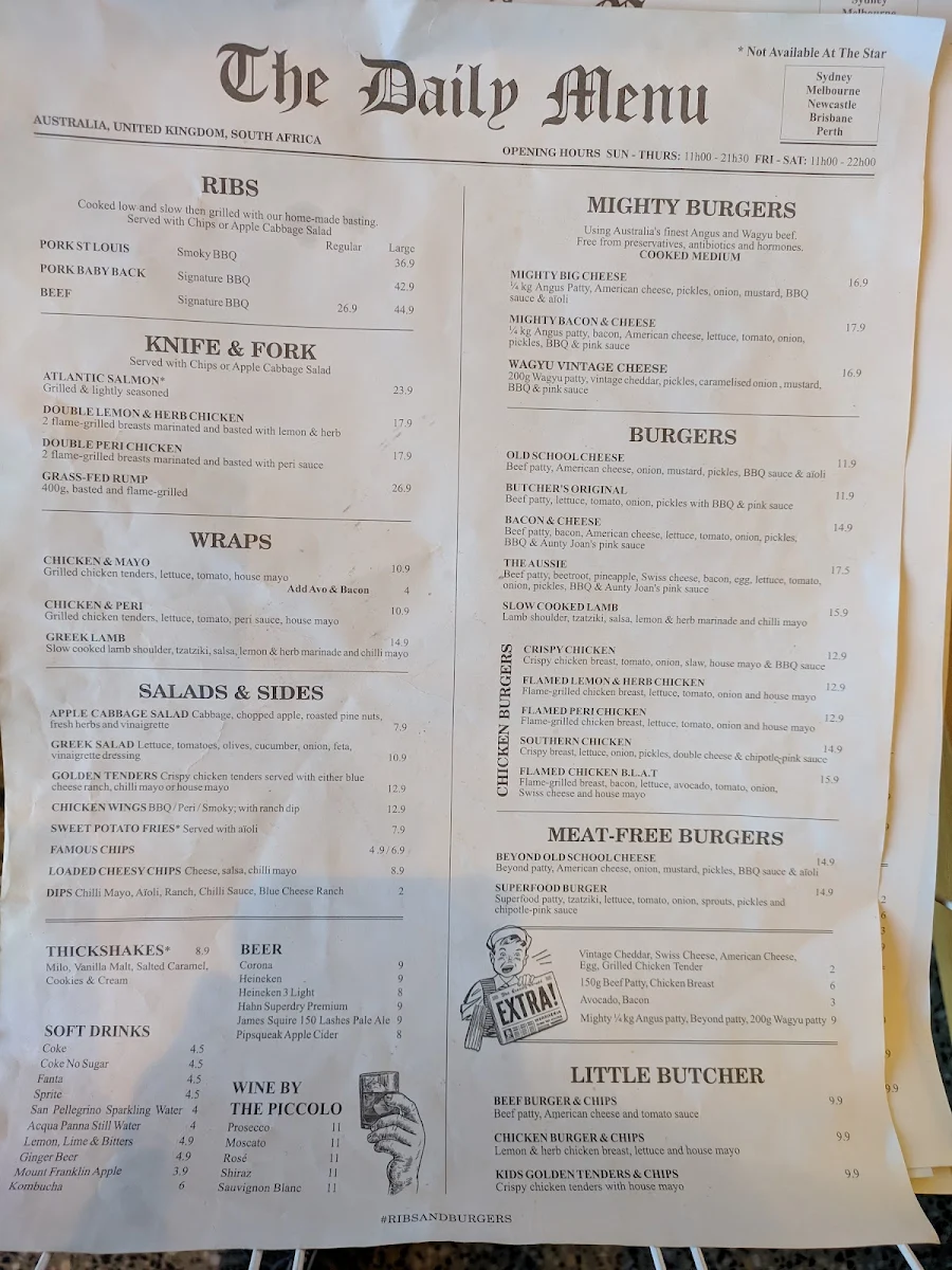 Menu, Ribs & Burgers Hawthorn